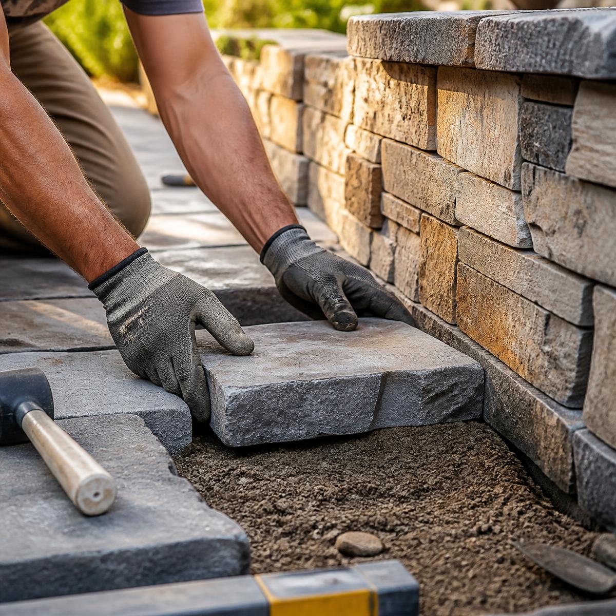 Landscaper laying stone paving beside a newly built retaining wall